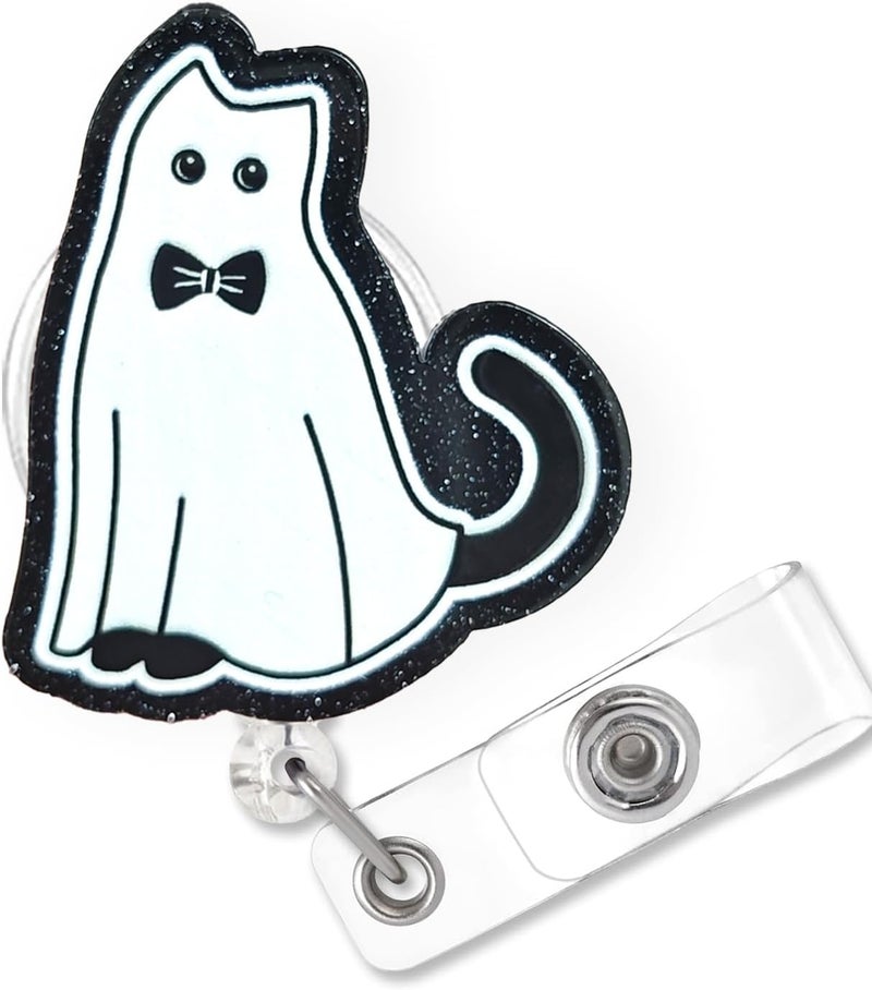 Bydevia Funny Ghost Black Cat Halloween Badge Reel Retractable, Fall Badge Reel for Nurse Nursing RN MA CNA LPN Medical Worker & Teacher, Spooky Cat Badge Holder with Alligator Clip & 24” Durable Nylon Cord - Image 1